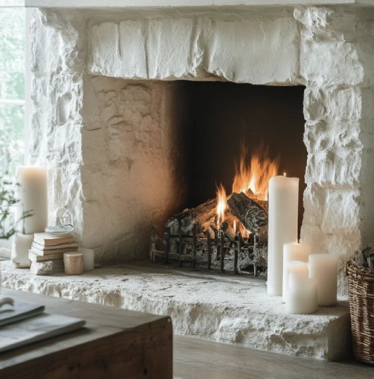 Farmhouse Fireplace Luxury living room interior with fireplace, candles and Christmas decorations